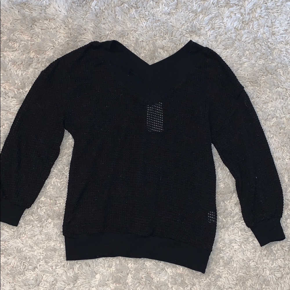 Mesh Waffle Knit V Neck Top